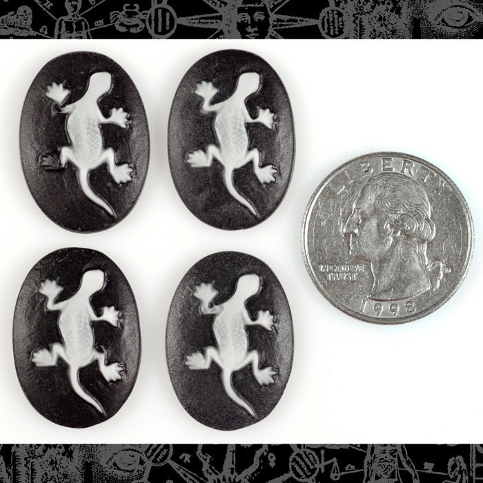 Black and White Lizard Gecko Resin Cameos 18mm x 25mm - Set of Four - CAM64