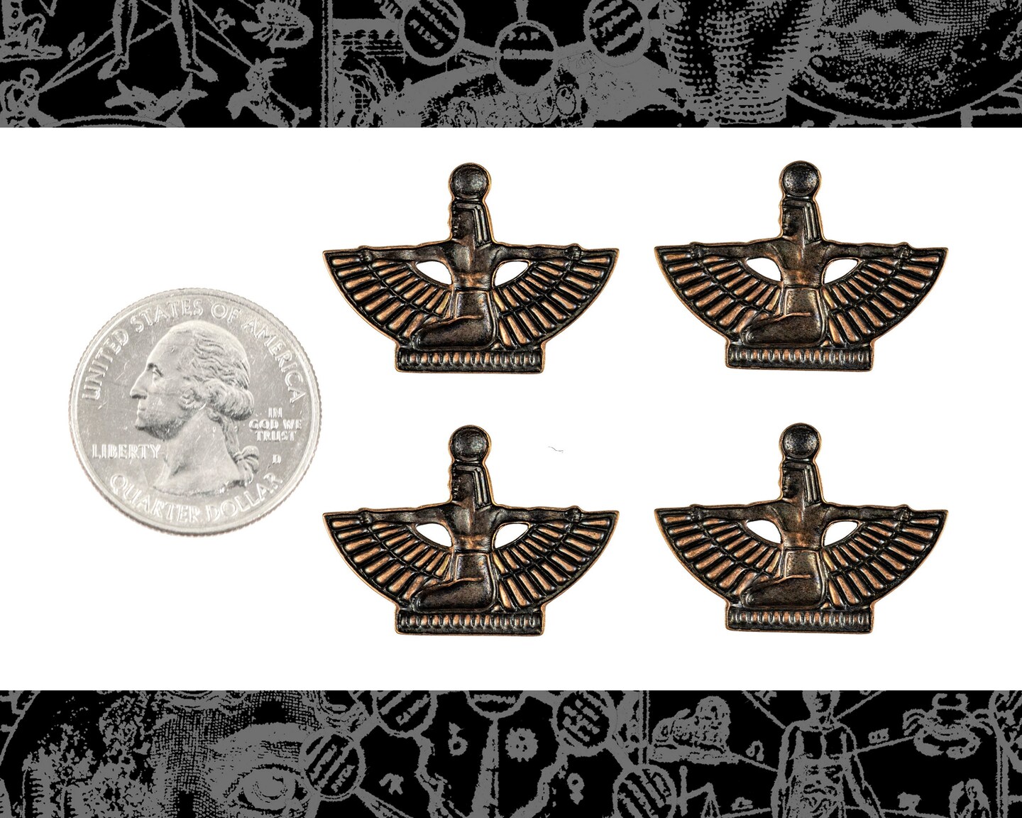 Antiqued Copper Plated Brass Mini Winged Egyptian Goddess Pendants or Charms with NO hole - Set of Four - C-P75