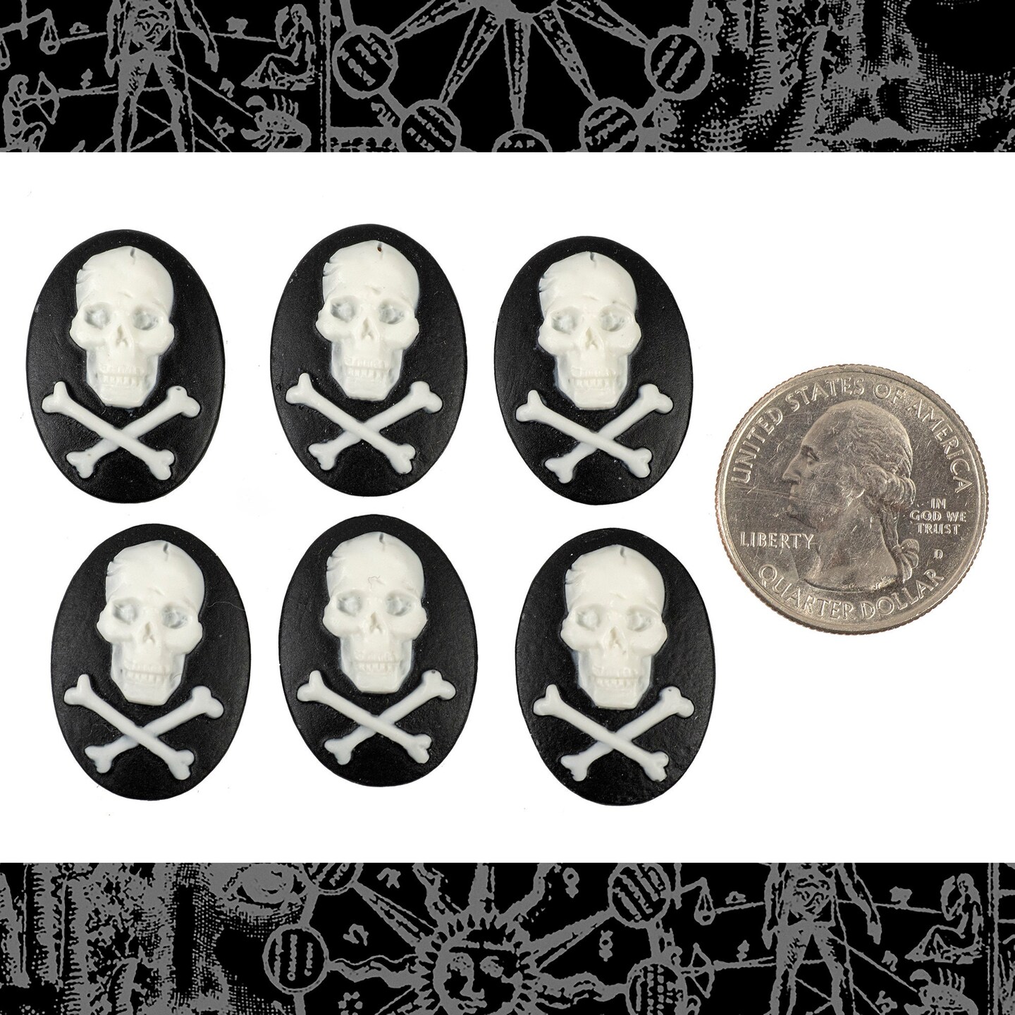 Black and White Skull and Crossbones 25mm x 18mm Cameos - Set of Six - CAM253