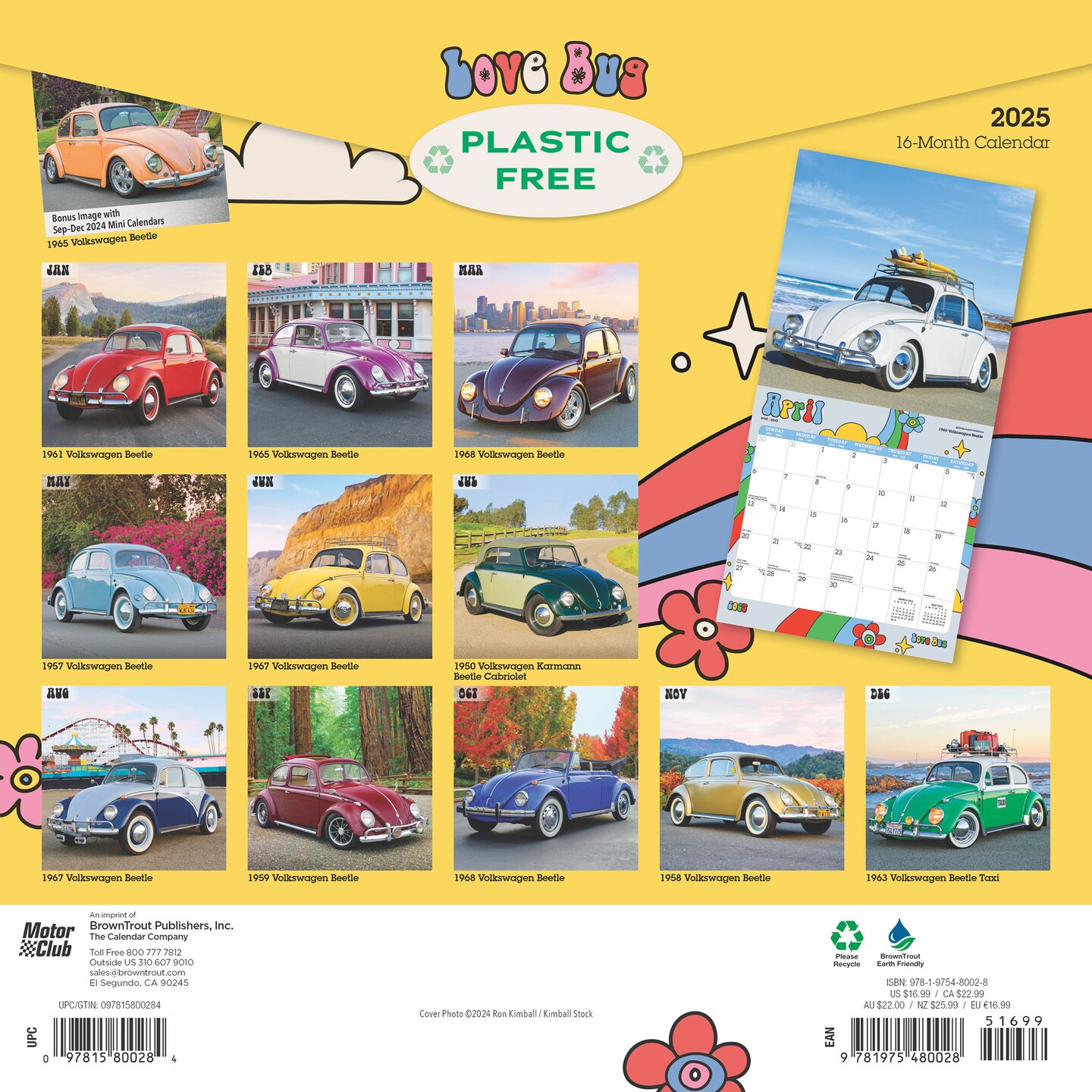 Love Bug | 2025 12 x 24 Inch Monthly Square Wall Calendar | Plastic-Free | Motor Club | German Motor Car Beetle