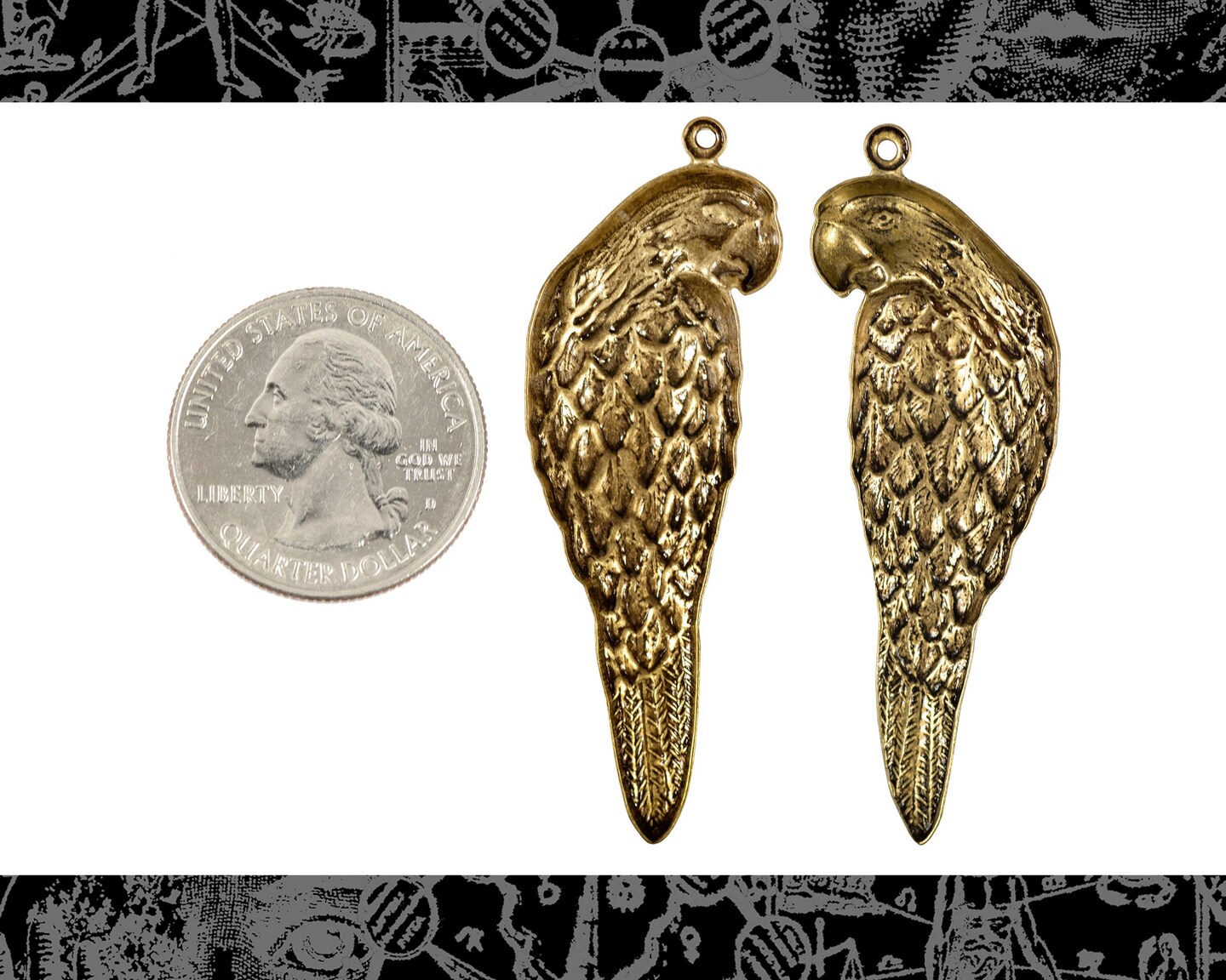 Antiqued Brass Large Parrot Charms - Set of Two -Mirror Image - AB-C221
