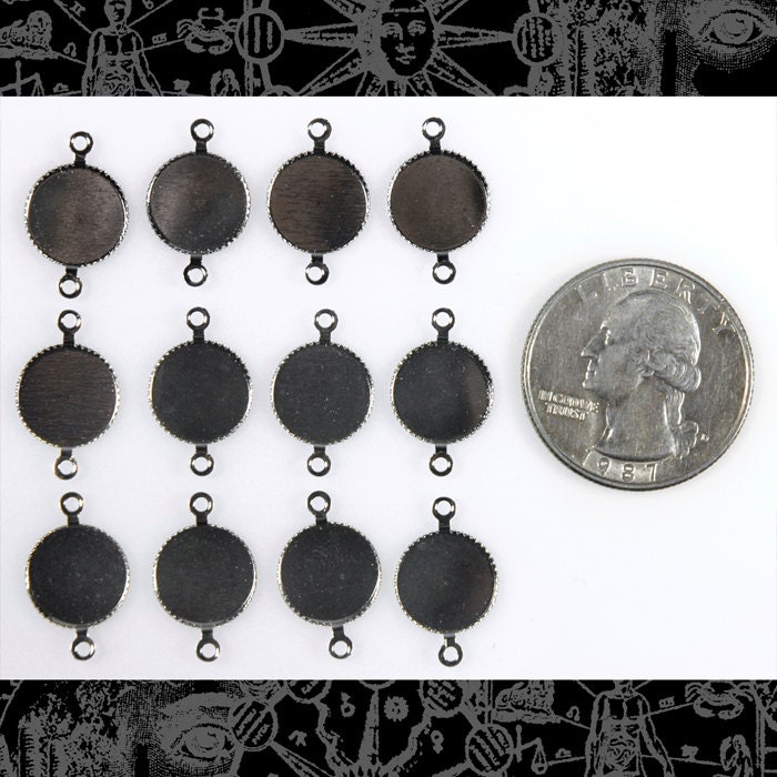Antiqued Silver Plated Brass Round Cabochon Connectors Two Ring Settings 10mm flat for graphic insert or cabochon Set of Twelve  - S-2C26