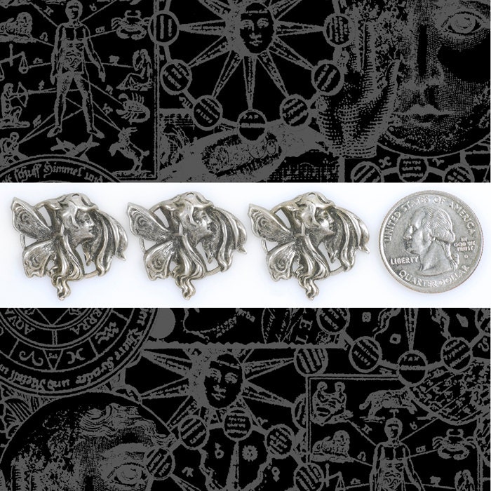 Antiqued Silver Plated Brass Vintage Brownie Fairy Pendants or Charms - Set of Three - S-C84