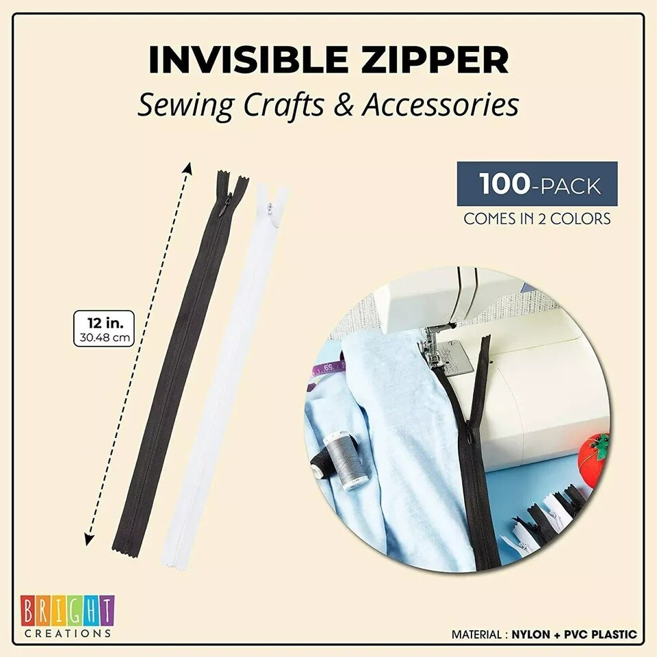 Invisible Zippers for Sewing Arts and Crafts Supplies Size 3#, 2 Colors, 100 Pcs