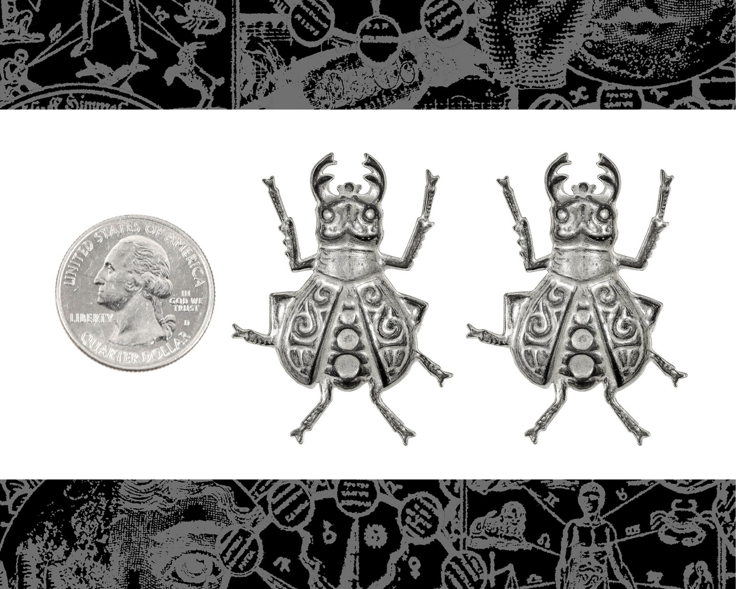 Antiqued Silver Plated Brass Art Deco Scarabs Charms Pendants - Set of Two - S-P125