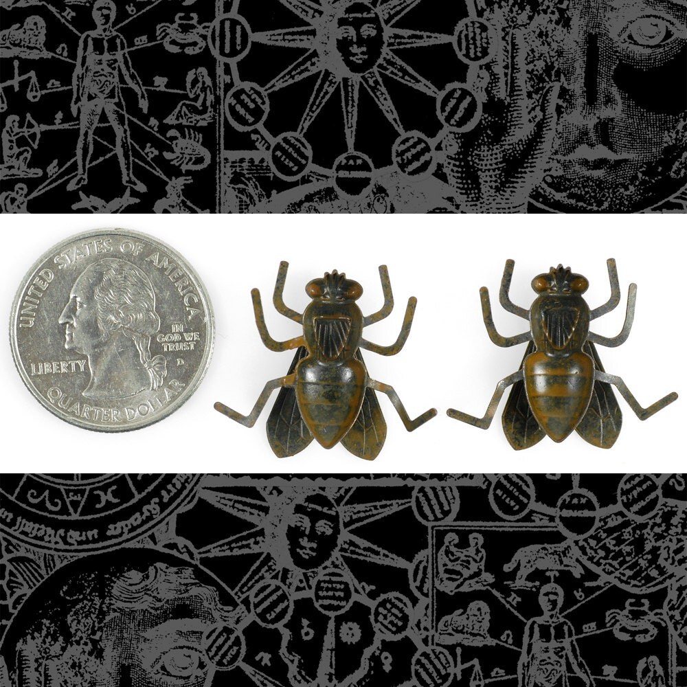 Chocolate Brown Plated Brass Life-Sized Black Fly Charms with Bendable Legs - Set of Two - RB-C130