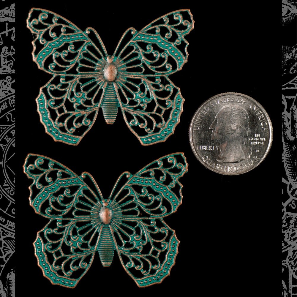 Verdigris Finished Brass Filigree Butterfly Pendants - Set of Two - V-P14