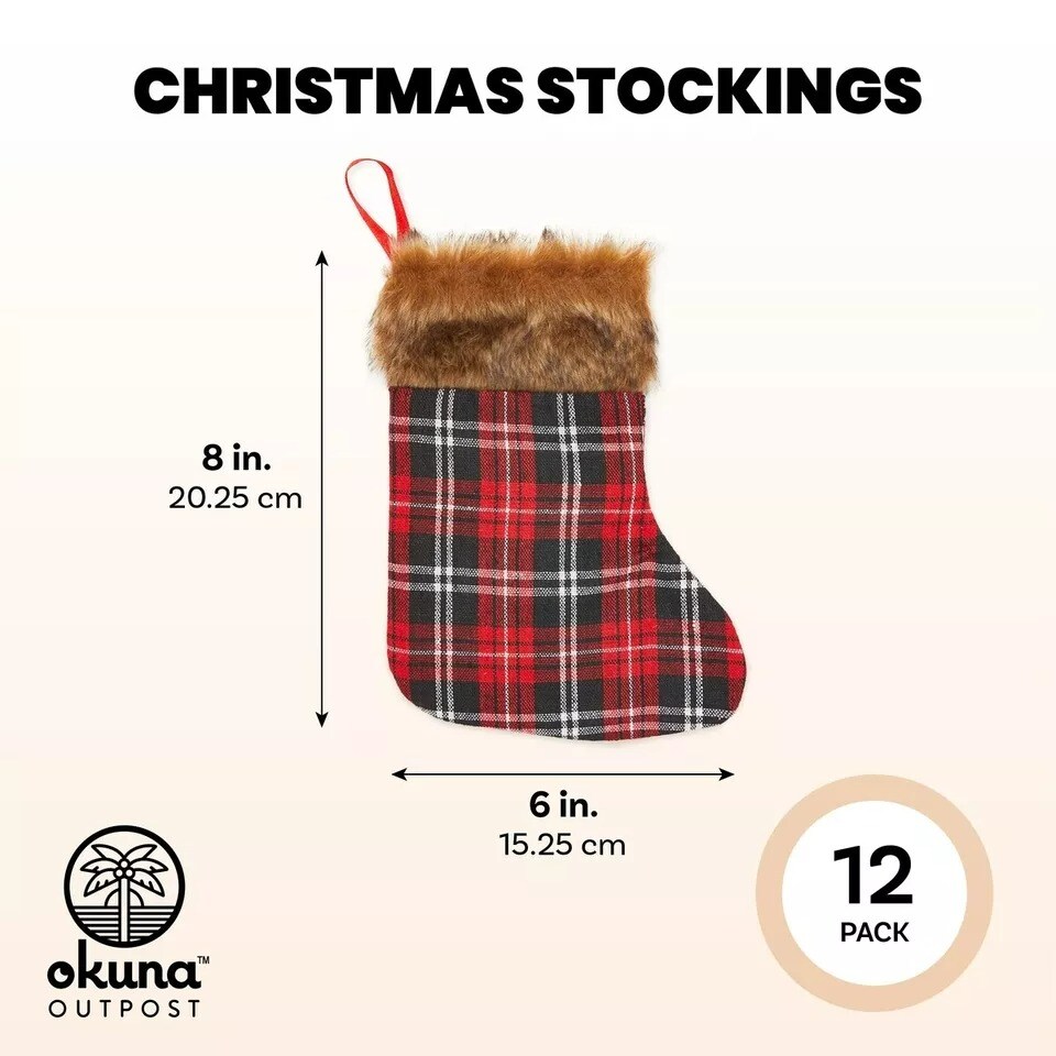 12 Pack Buffalo Plaid Christmas Stockings for Holiday Home Party Decoration 6x8”