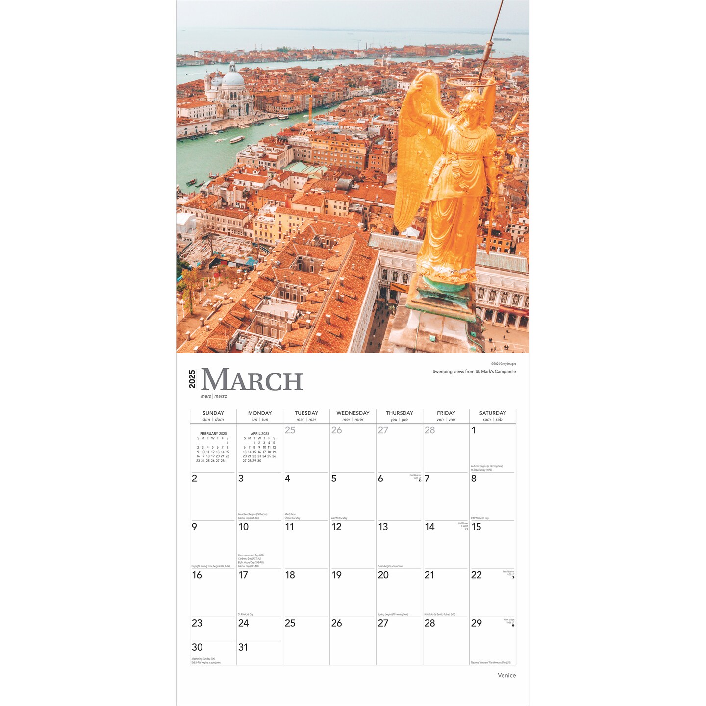 Venice | 2025 12 x 24 Inch Monthly Square Wall Calendar | Plastic-Free | BrownTrout | Travel Europe Italy Gondola