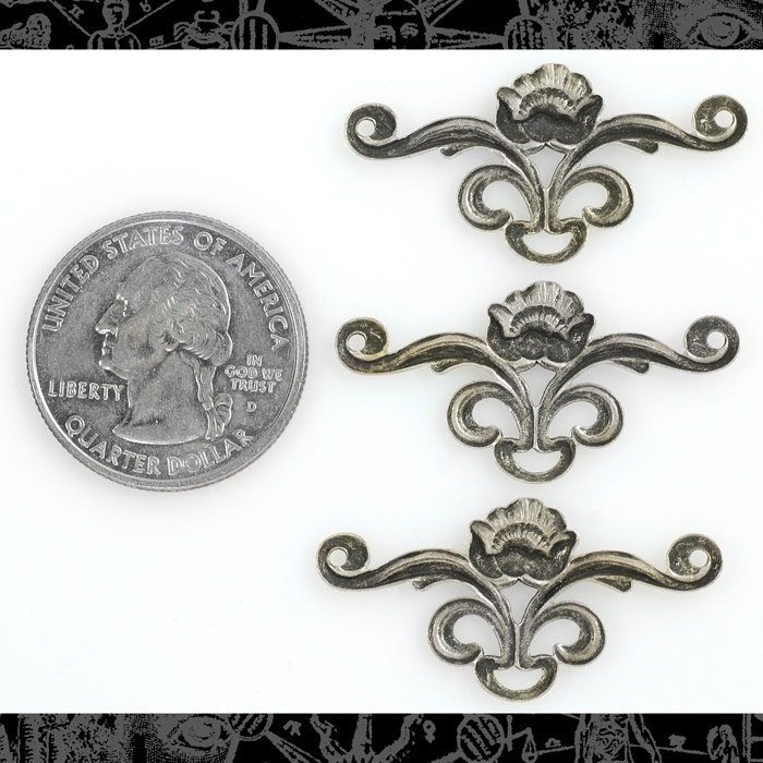 Antiqued Silver Plated Brass Art Deco Scrolled Lotus Three Way Connectors - Set of Three - S-3C06
