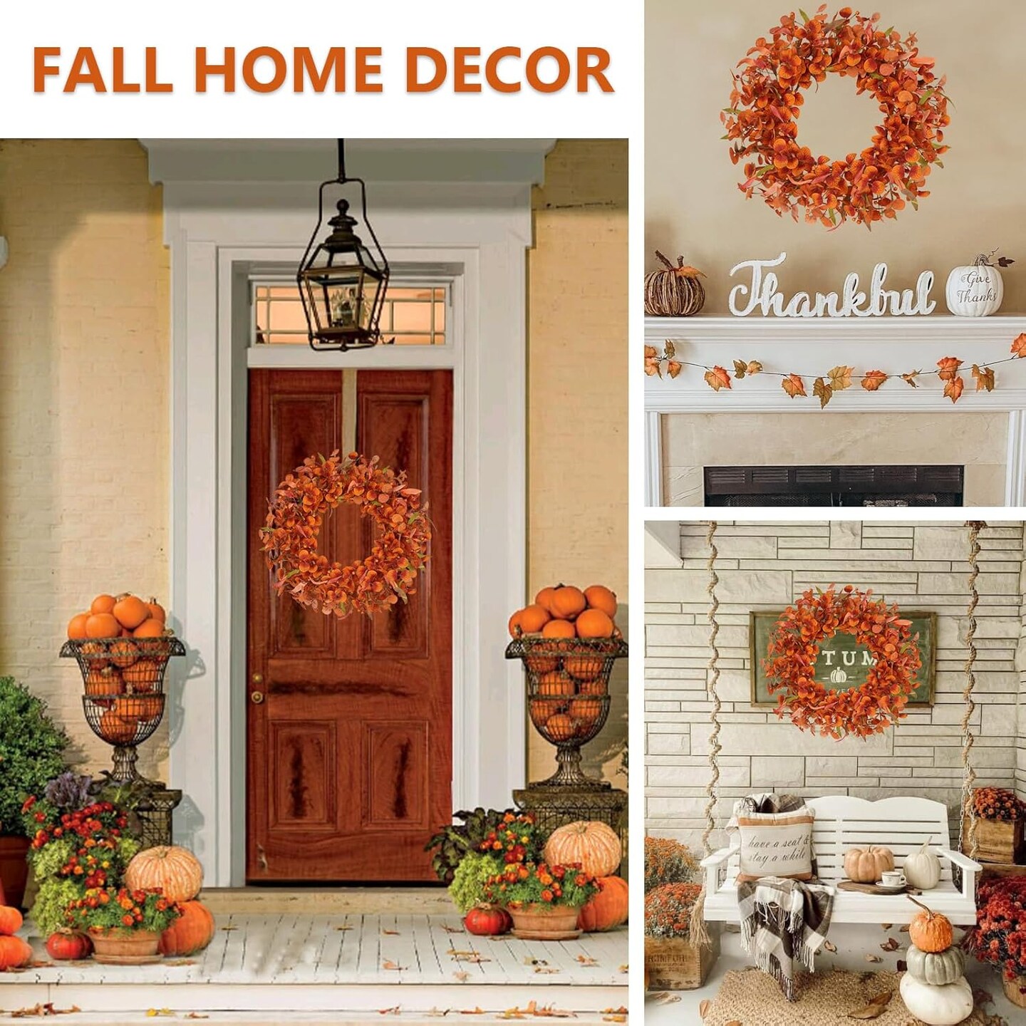 Fall Wreaths for Front Door with 30 LED Warm Lights Artificial Fall