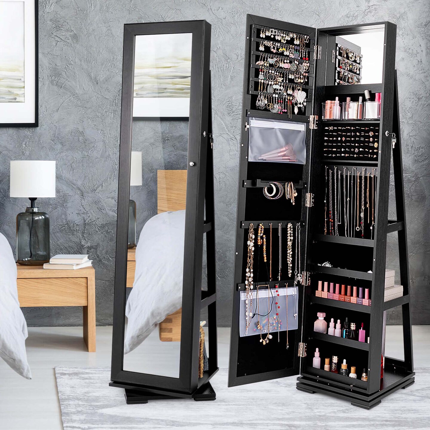 Costway 360degree Rotatable Jewelry Cabinet 2-in-1 Lockable Mirrored Organizer White/Black/Dark Brown/Gray/Blue/Pink/Purple/Dark Gray