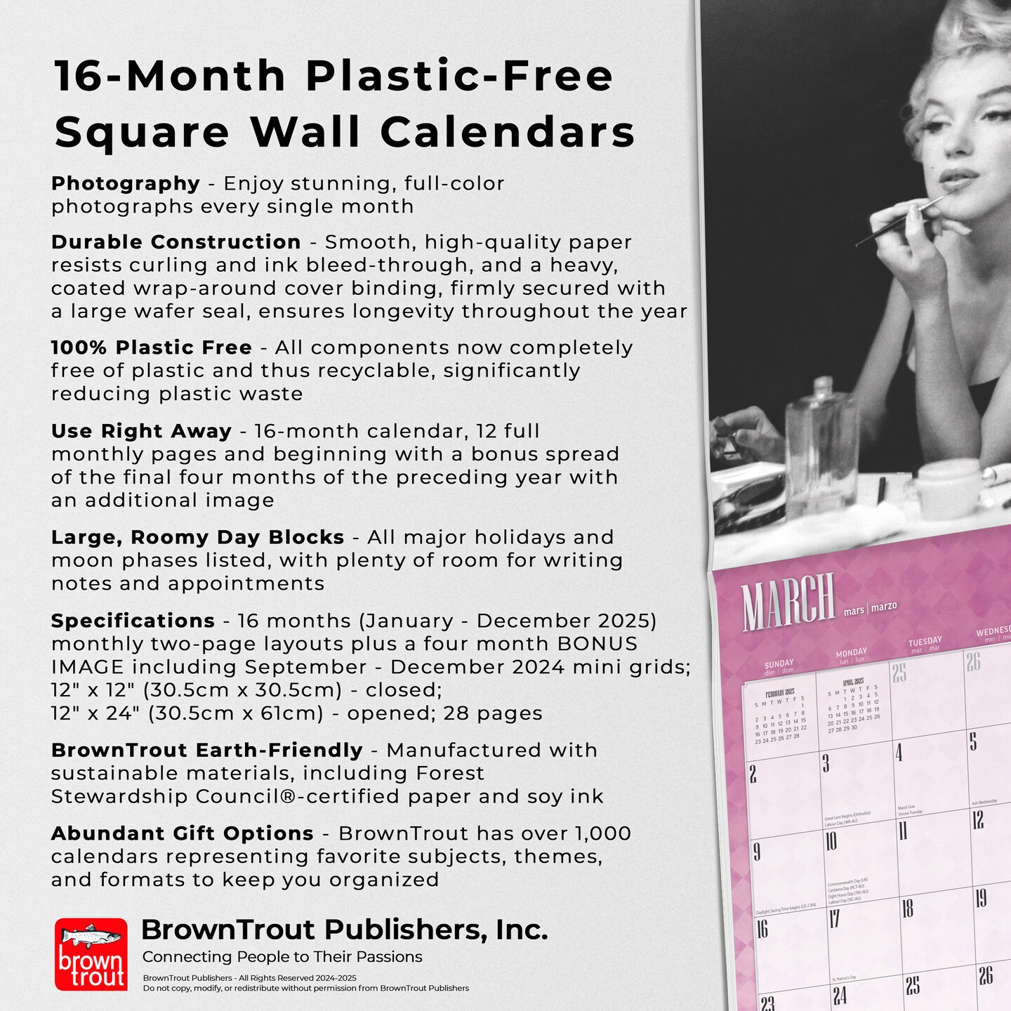Marilyn Monroe OFFICIAL | 2025 12 x 24 Inch Monthly Square Wall Calendar | Foil Stamped Cover | Plastic-Free | BrownTrout | USA American Actress Celebrity