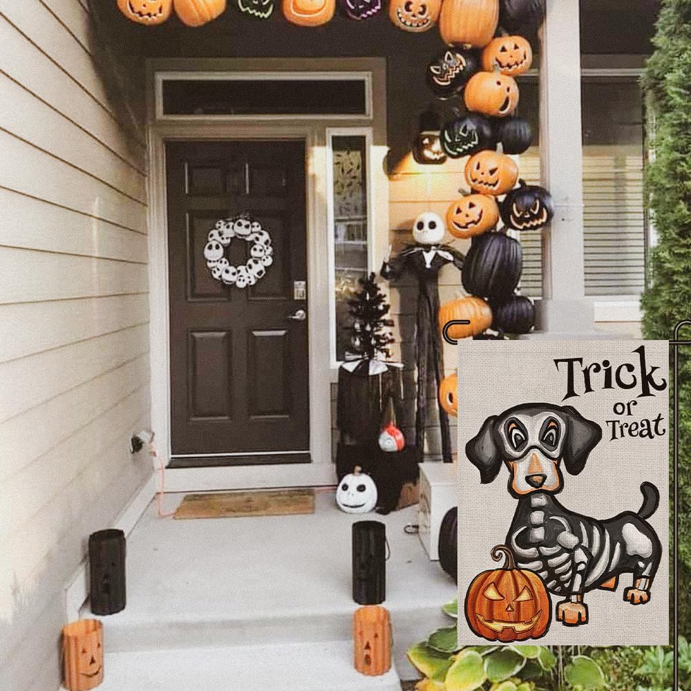 Halloween Trick or Treat Garden Flag Ghost Dog 12x18 Inch Small Double Sided Burlap Welcome Yard Dachshund Skeleton Outside Decorations DF342