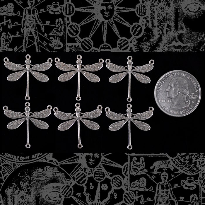 Antiqued Silver Plated Brass Dragonfly Four Ring Connectors - Set of Six-  S-4C06