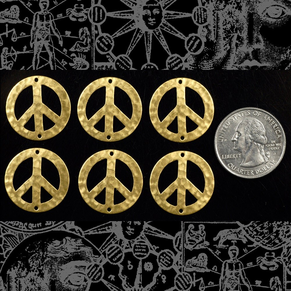 Raw Brass Hammered Peace Sign Connectors - Set of Six - B-2C80