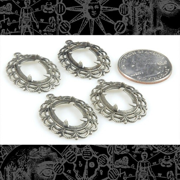 Lacy Antiqued Silver Plated Brass Cameo Frames for 13mm x 18mm - Set of Four - S-F09