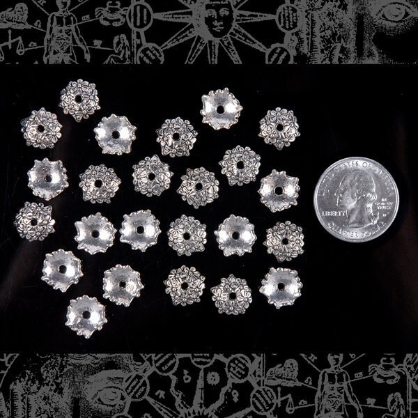 Floral Silver Finish Bead Caps 11mm - Set of Twenty-Four - ZS-BC03