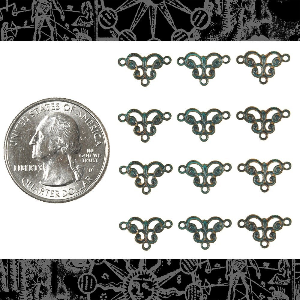 Verdigris Finished Brass Simple Scrolled Three Ring Connectors - Set of Twelve- V-3C12