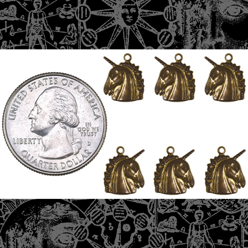 Antiqued Brass Unicorn Head Charms - Set of Six - AB-C198