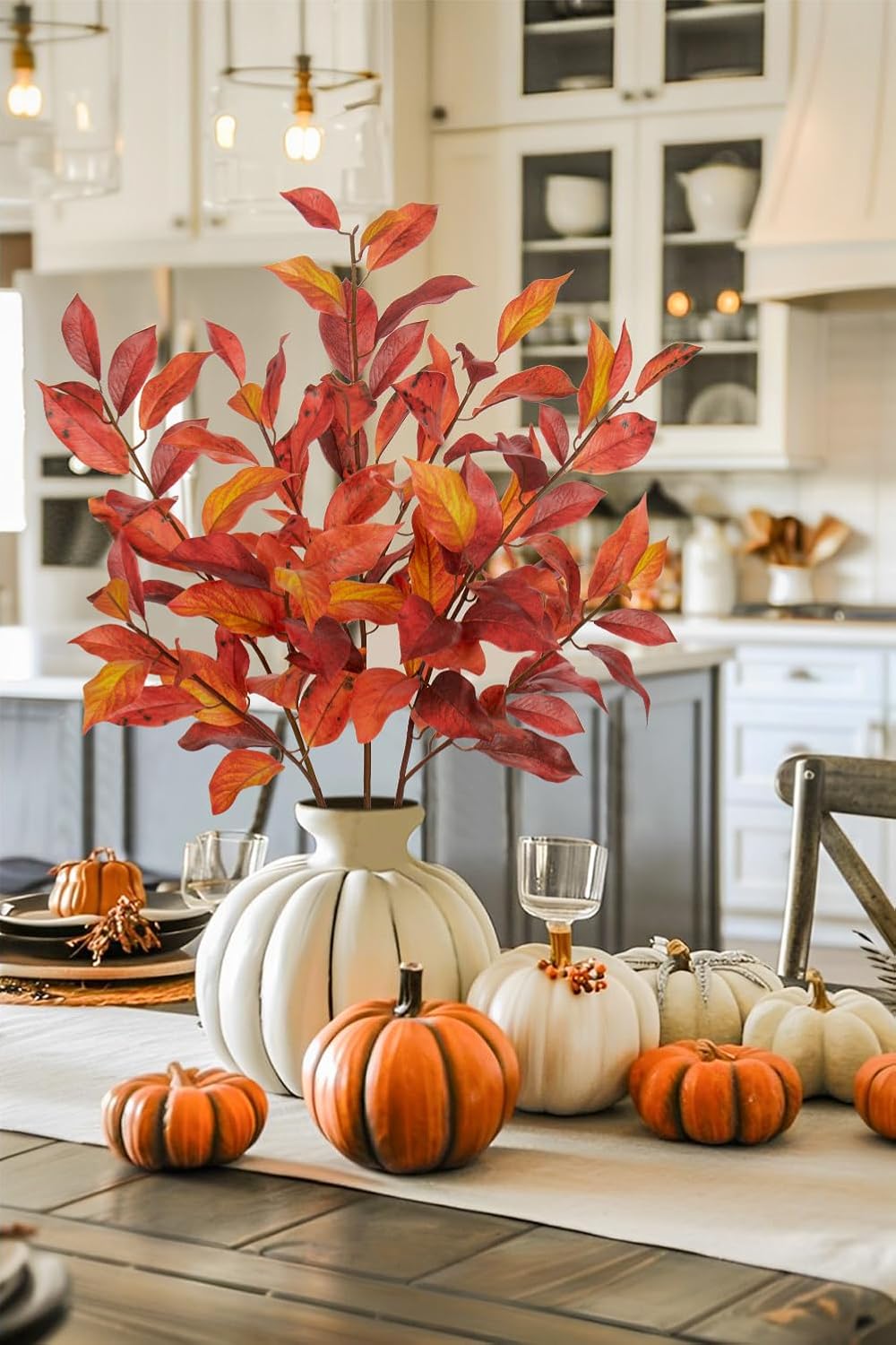 3Pcs Fall Leaves Stems Long Faux Fall Bay Leaves with Branches