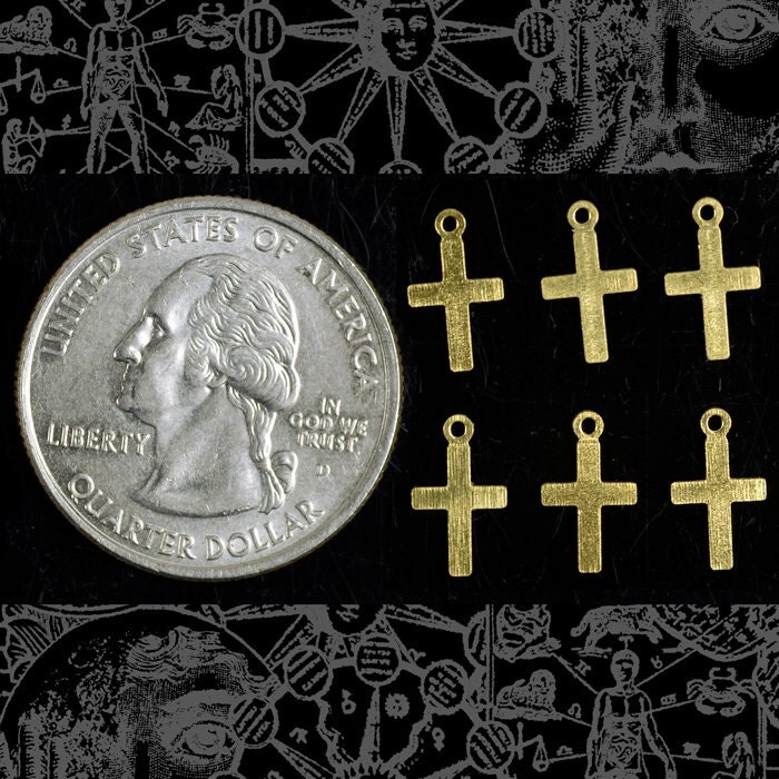 Raw Brass Miniature Christian Cross Charms - Set of Six - B-C93