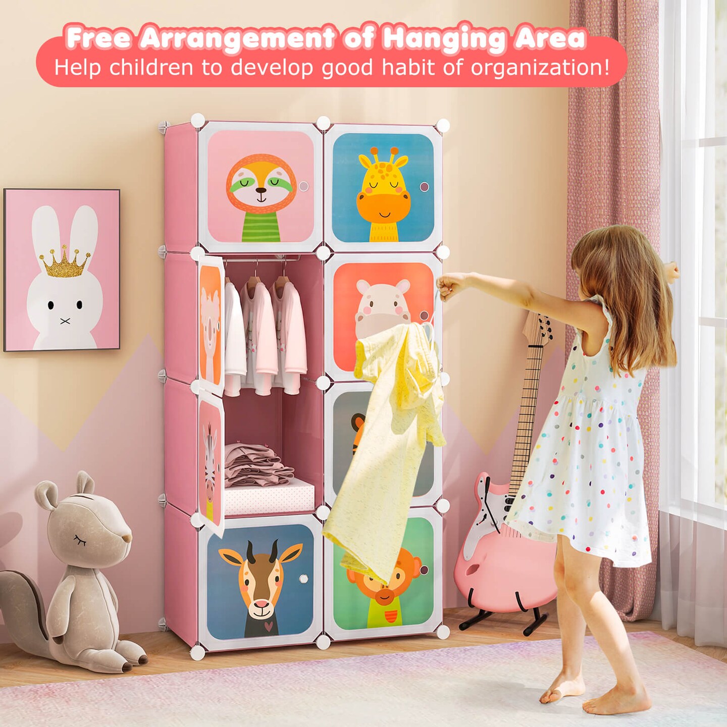 Costway 8-Cube Kids Wardrobe Baby Dresser Bedroom Armoire Clothes Hanging Closet with Doors Blue/Pink/White