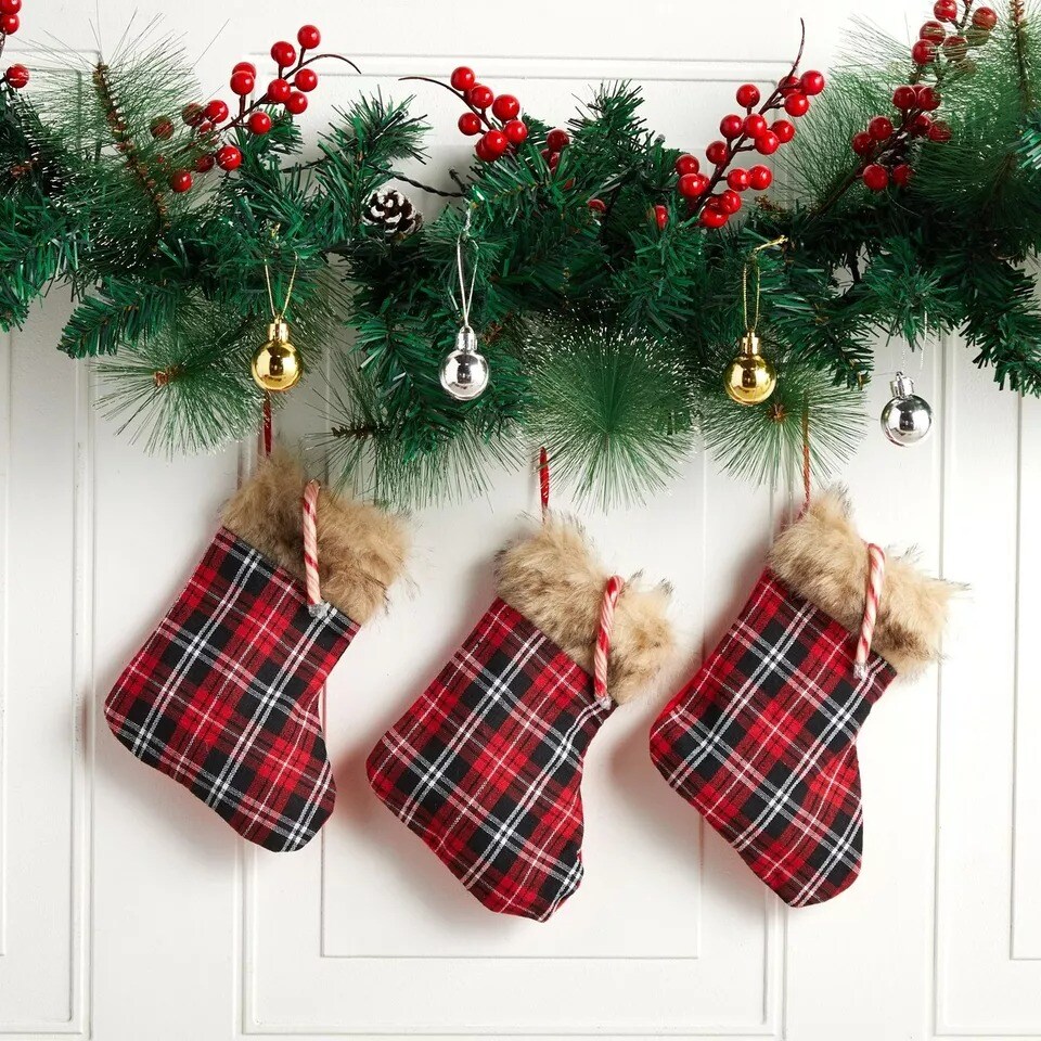 12 Pack Buffalo Plaid Christmas Stockings for Holiday Home Party Decoration 6x8”