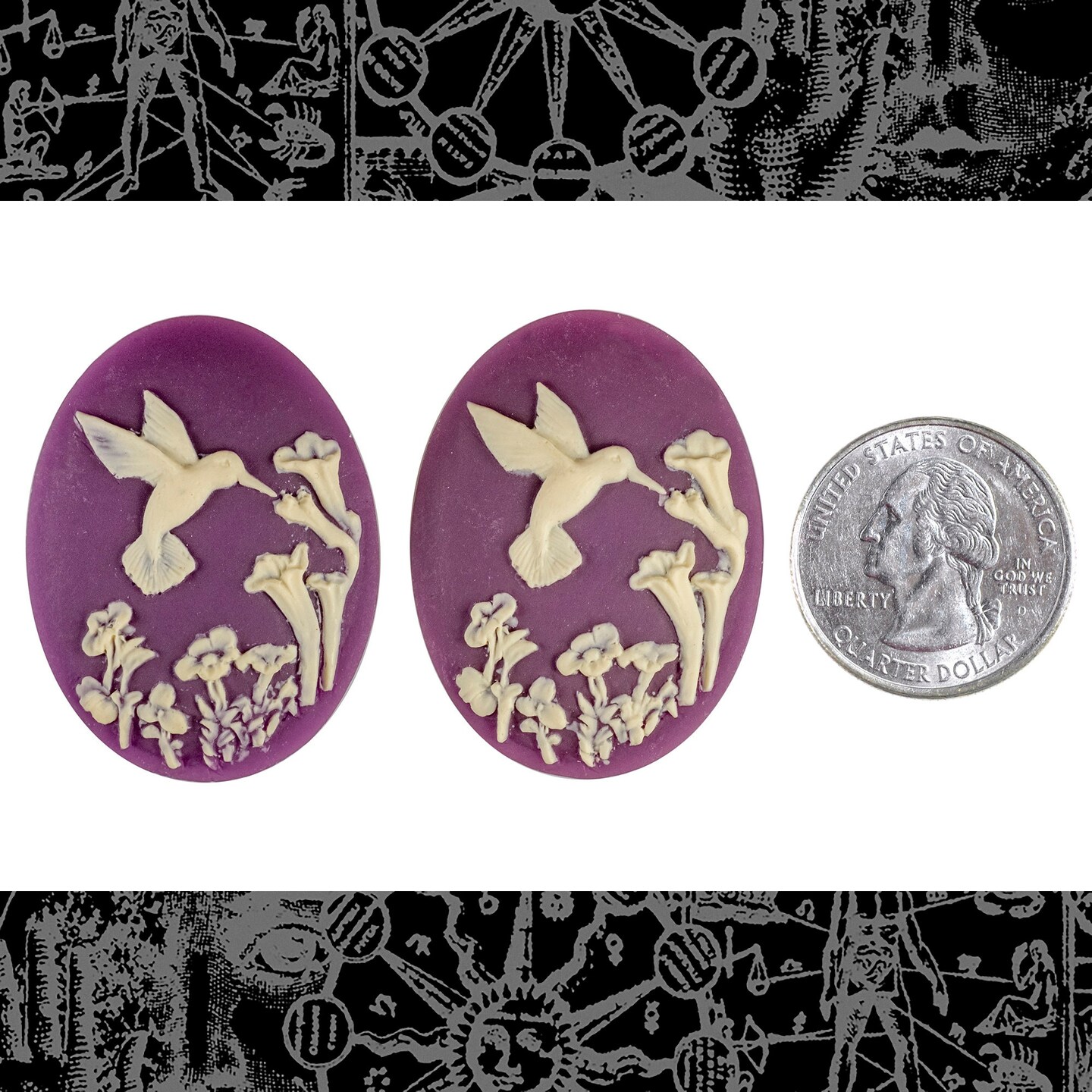Hummingbird 30mm x 40mm Cameos - Cream and Purple 30mm x 40mm Resin Cameos - Set of Two - XXX - CAM186