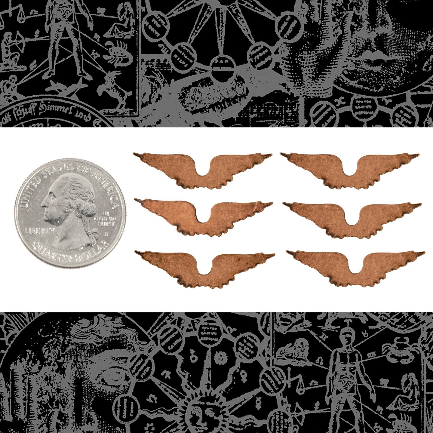 Small Connected Antiqued Copper Plated Brass Wings - Set of Six - C-C103