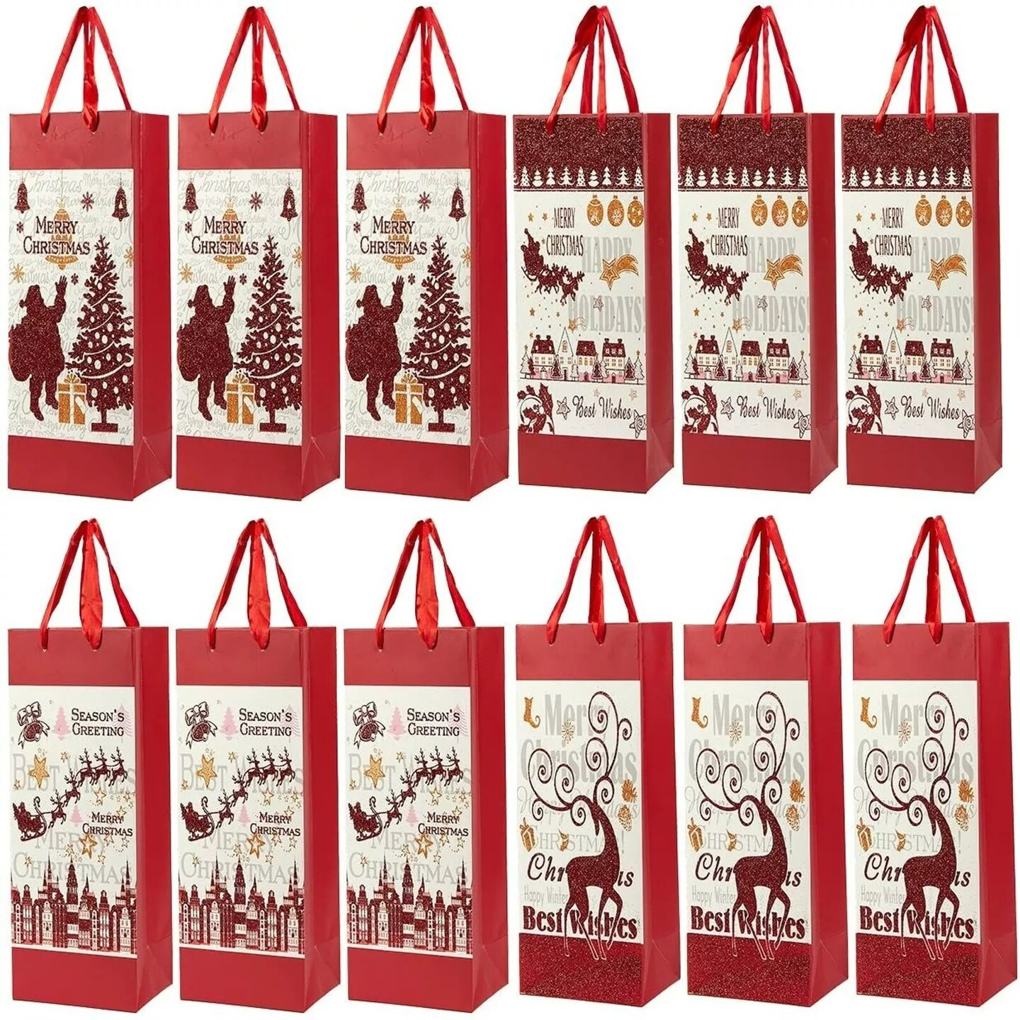12 Pack Christmas Wine Bags, Paper Tote Gift Wrapping Bag with Handles 4x5x13.5"