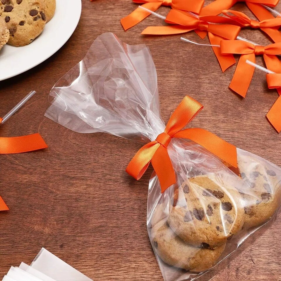 100 Pack Orange Satin Bows for Treat Bags, Crafts, Cake Pops, Cookies, 3 In