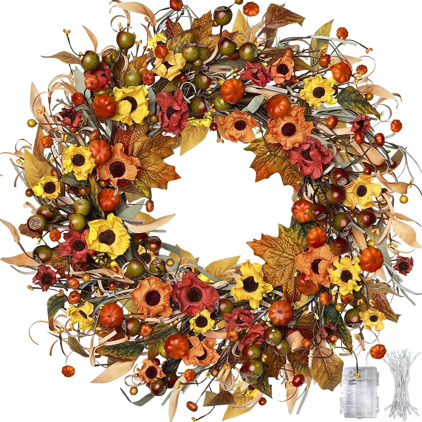 Fall Farmhouse Wreath with Berry,Daisies and Pumpkins, Autumn Wreaths for Front Door Outdoor Window Indoor Thanksgiving Halloween Decor