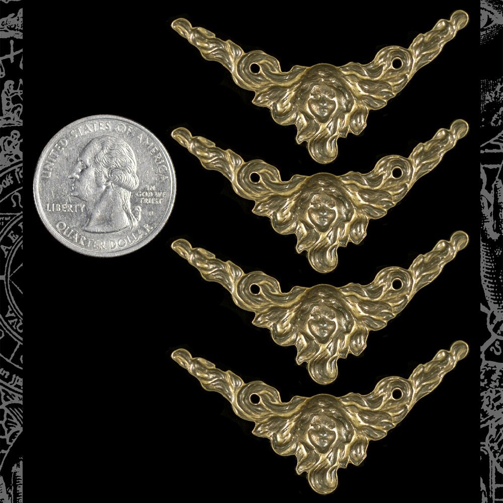 Antiqued Brass Woman with Flowing Hair Vintage Art Deco Corners or Connectors - Set of Four - AB-2C54