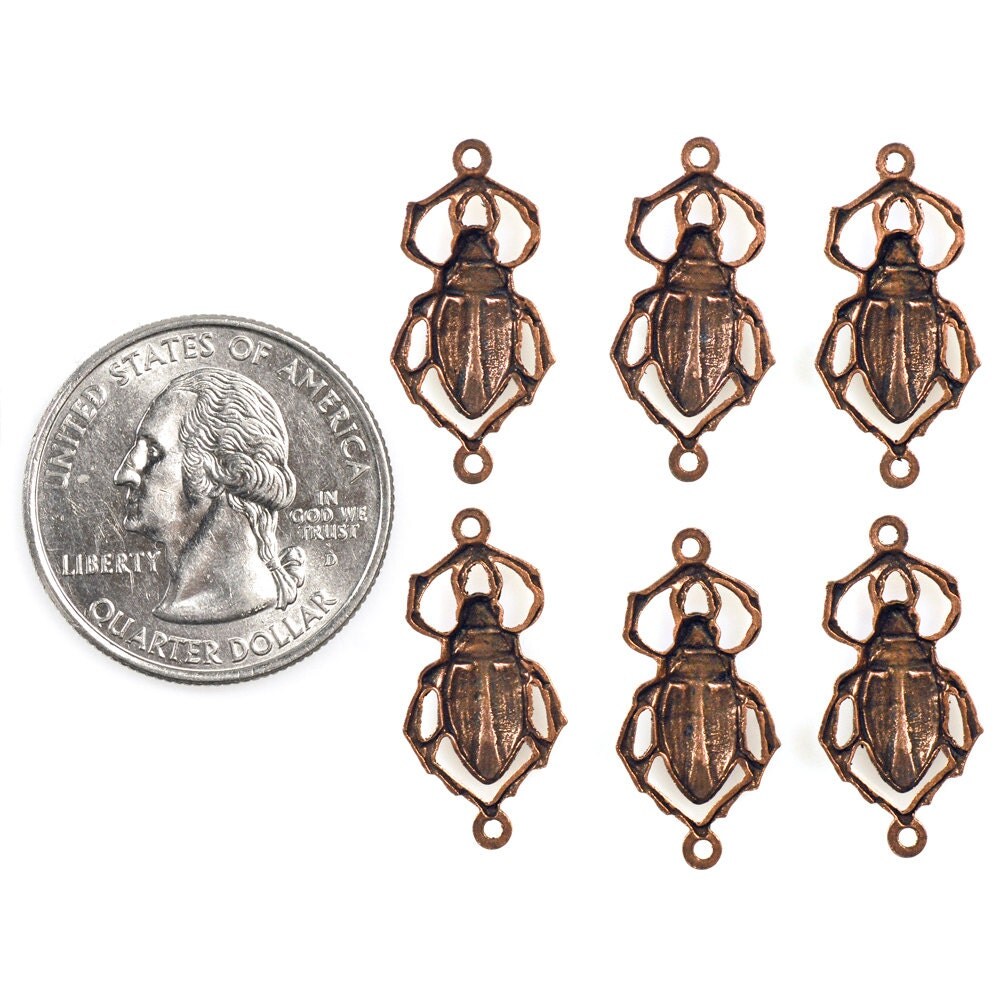 Antiqued Copper Plated Brass Beetle Connectors with Two Rings - Set of Six - C-2C69