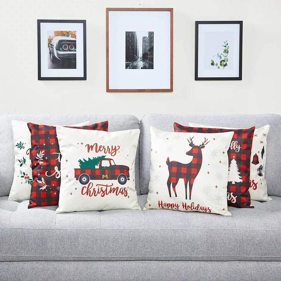Set of 6 Christmas Throw Pillow Covers 18x18&#x201D;, Red Plaid Farmhouse Holiday D&#xE9;cor
