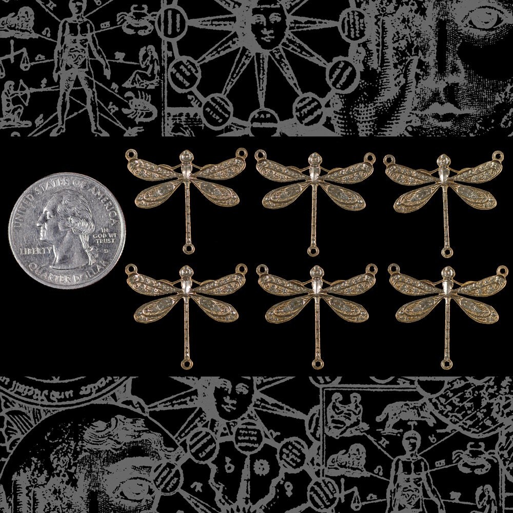 Antiqued Brass Medium Ornate Dragonfly Three Ring Connectors - Set of Six - AB-3C32