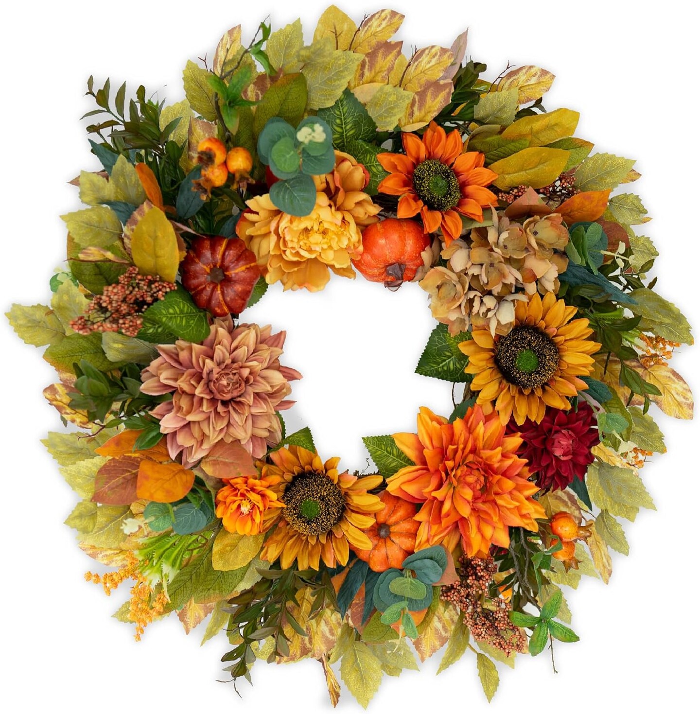 Pumpkin Sunflower Large Wreath with Peonies Berries, Autumn Door Wreath for Outdoor Outside Indoor Halloween Thanksgiving Decorations