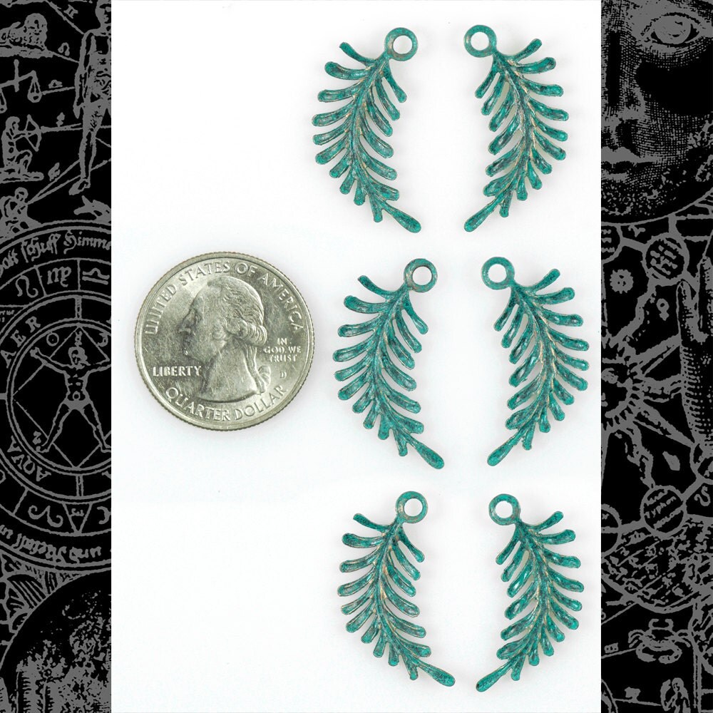 Verdigris Finished Brass Twisted Fern Charms - Three Sets of Two - V-C01