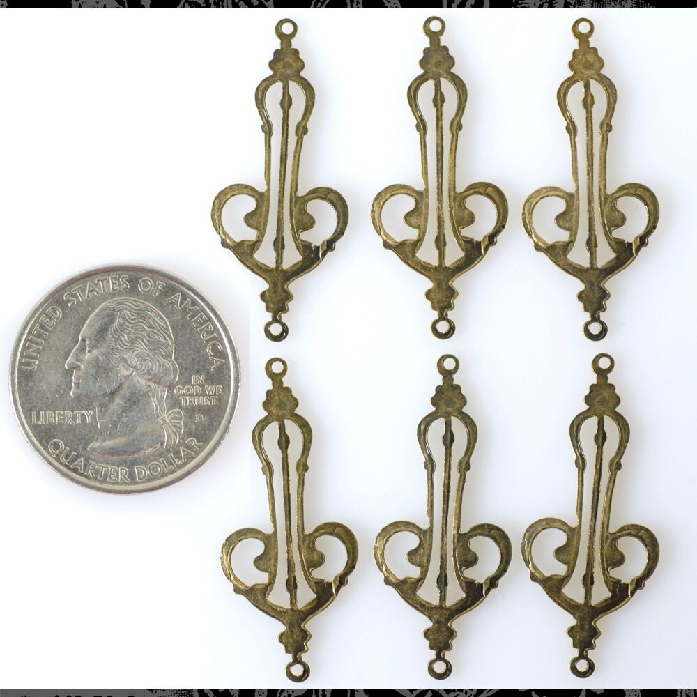 Antiqued Brass Art Deco Heart Harp Connectors - Set of Six - XXX - AB-2C39