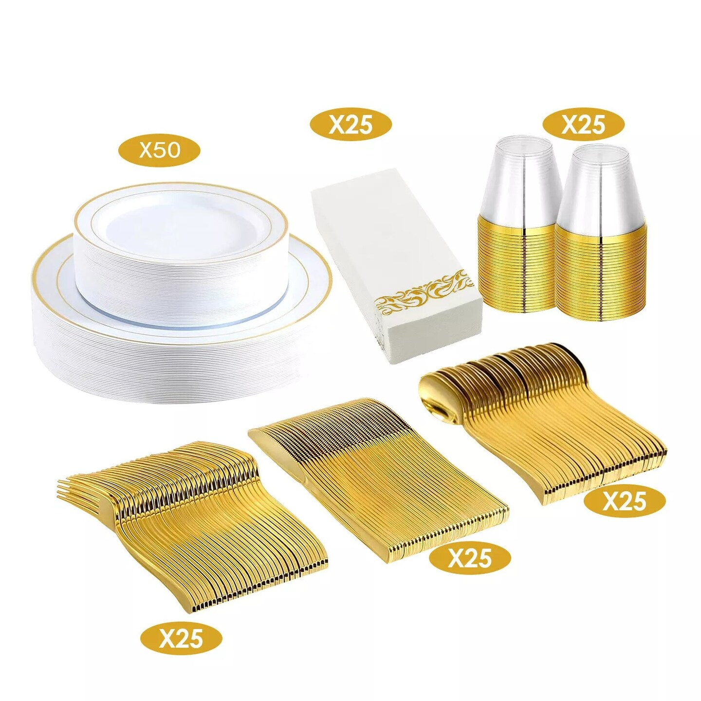 175 Piece Gold Plastic Disposable Plates Cup Dinnerware 25 Set for Wedding Party