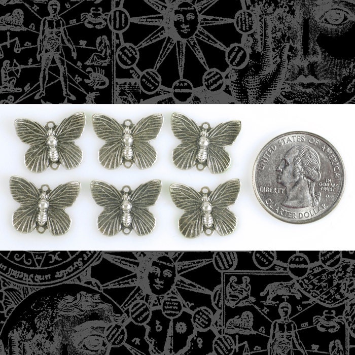 Antiqued Silver Plated Brass Butterfly Two Ring Connectors - Set of Six - S-2C49