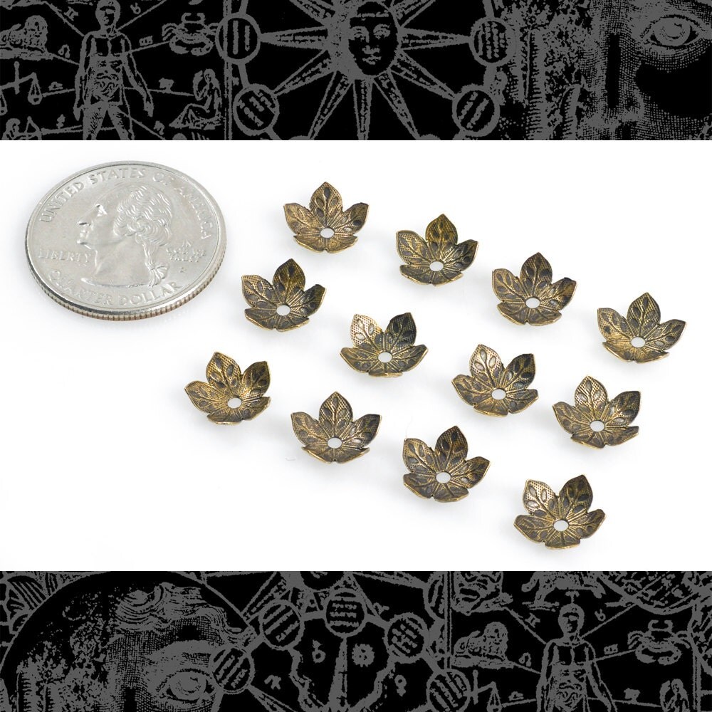 Antiqued Brass 8mm Floral Five Leaf Petal Brass Bead Caps - Set of 12 - AB-BC10