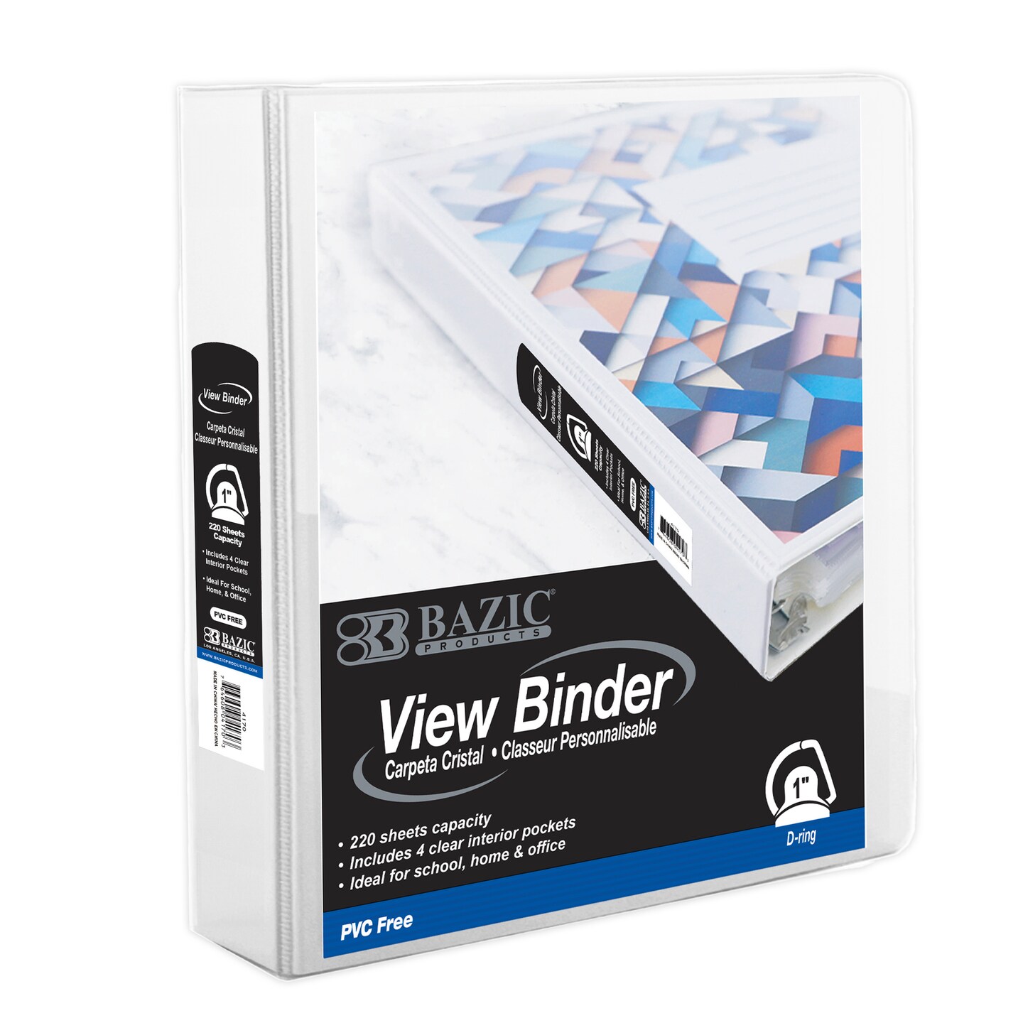 BAZIC 1" White PVC-Free Slant D-Ring View Binder w/ 4 Pockets