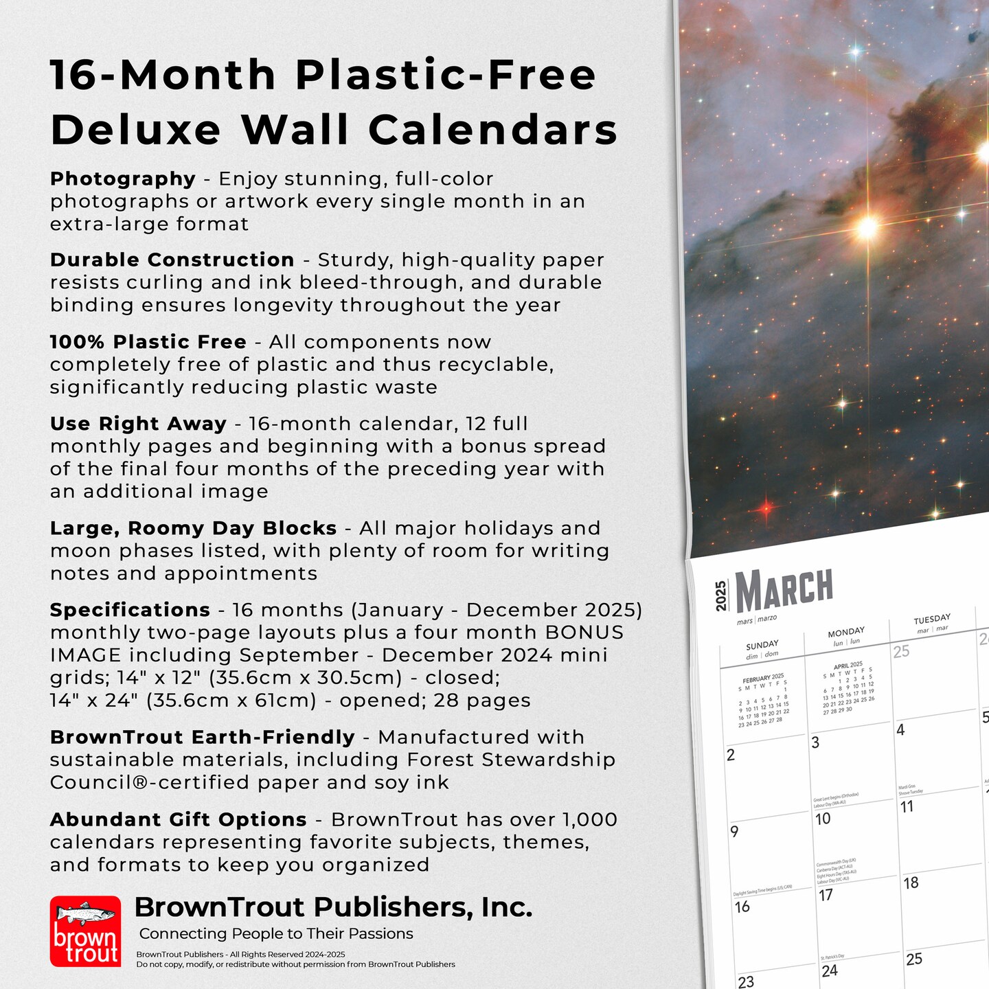 NASA Explore the Universe | 2025 14 x 24 Inch Monthly Deluxe Wall Calendar | Foil Stamped Cover | Plastic-Free | BrownTrout | Space Cosmos Inspiration