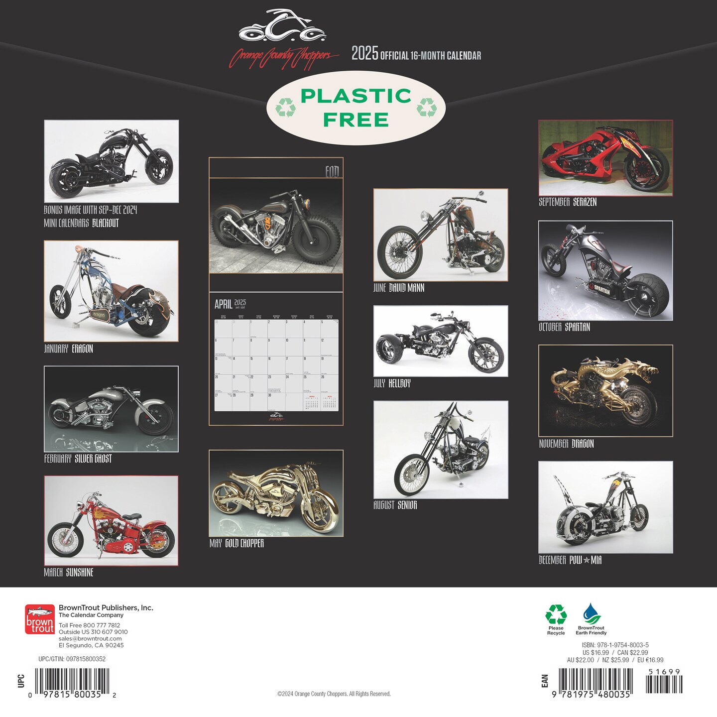 Orange County Choppers OFFICIAL | 2025 12 x 24 Inch Monthly Square Wall Calendar | Plastic-Free | BrownTrout | Motorcycle TV Show American