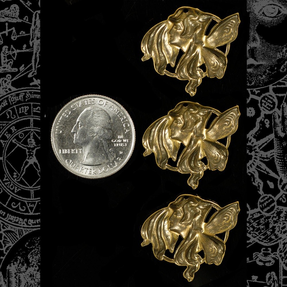 Antiqued Brass Vintage Brownie Fairy Pendants or Charms - Set of Three - AB-C84