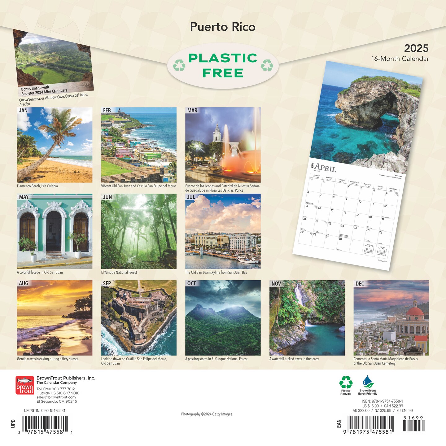 Puerto Rico | 2025 12 x 24 Inch Monthly Square Wall Calendar | Plastic-Free | BrownTrout | Travel Scenic Caribbean