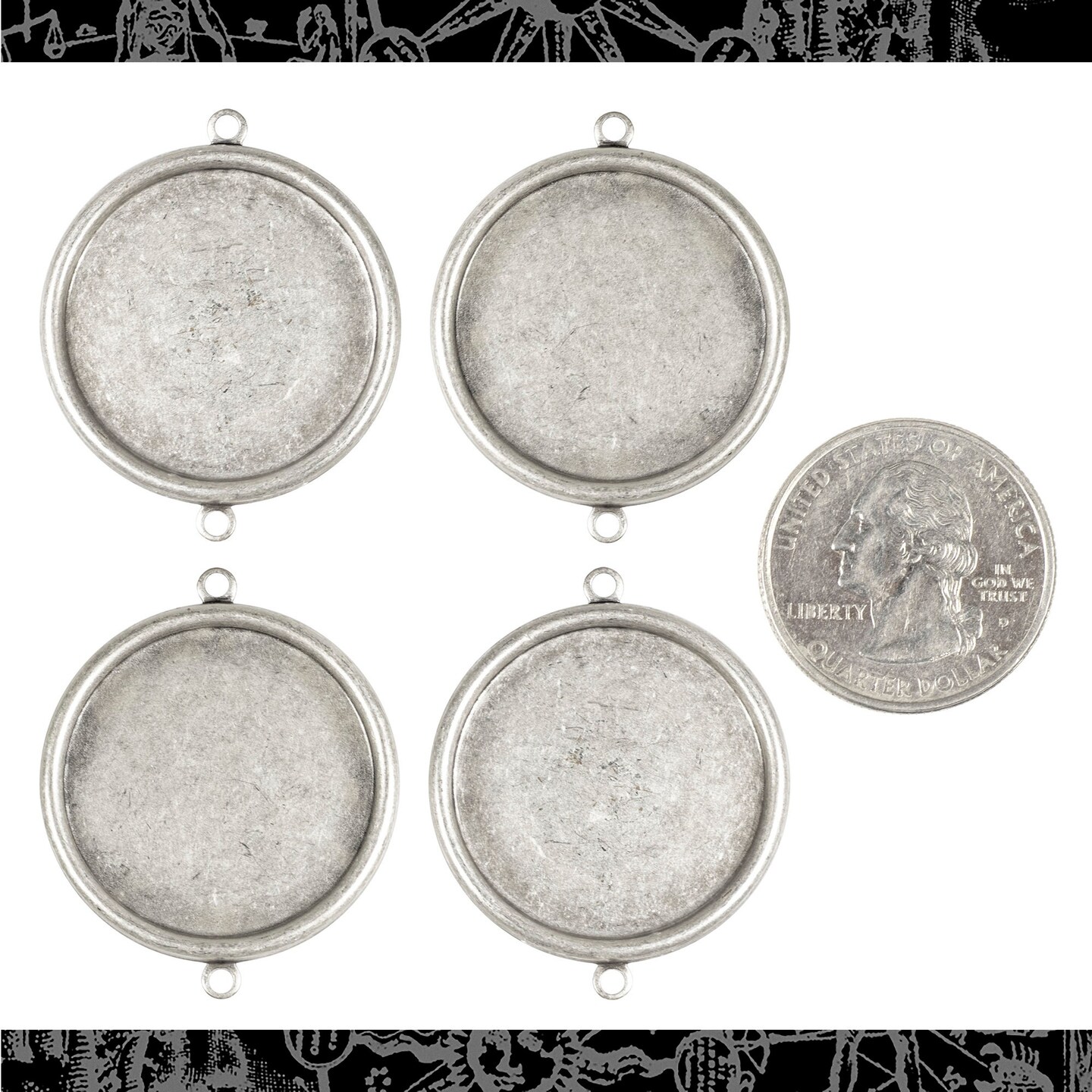 Antiqued Silver Plated Brass 25mm Round Frames with Two Rings - Set of Four - S-F39
