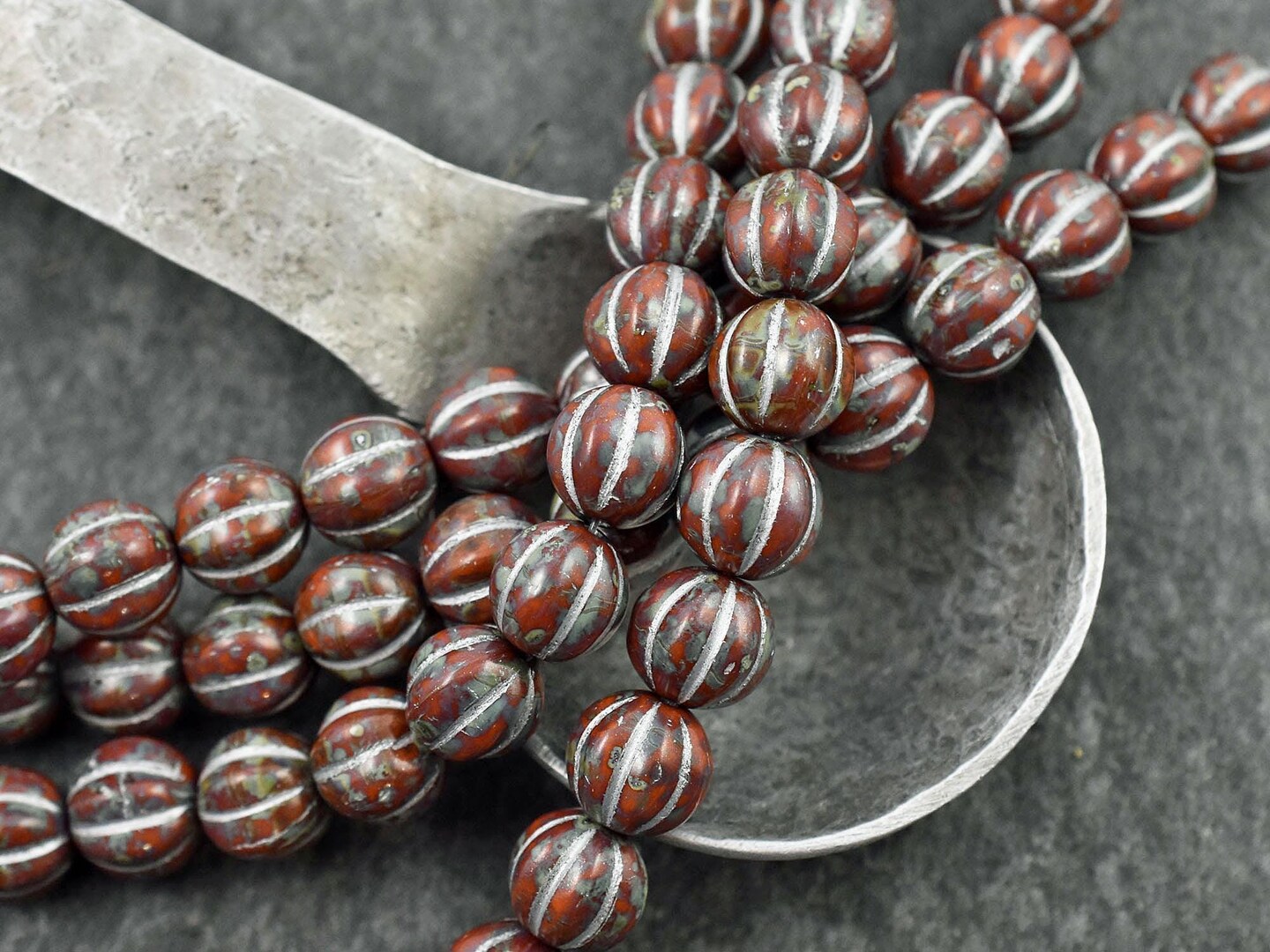 *16* 8mm Silver Washed Opaque Red Travertine Round Melon Beads
